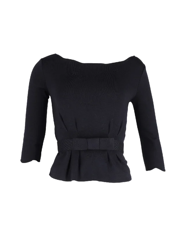 Christian Dior Bow Detail Blouse in Navy Blue Wool Premium Style