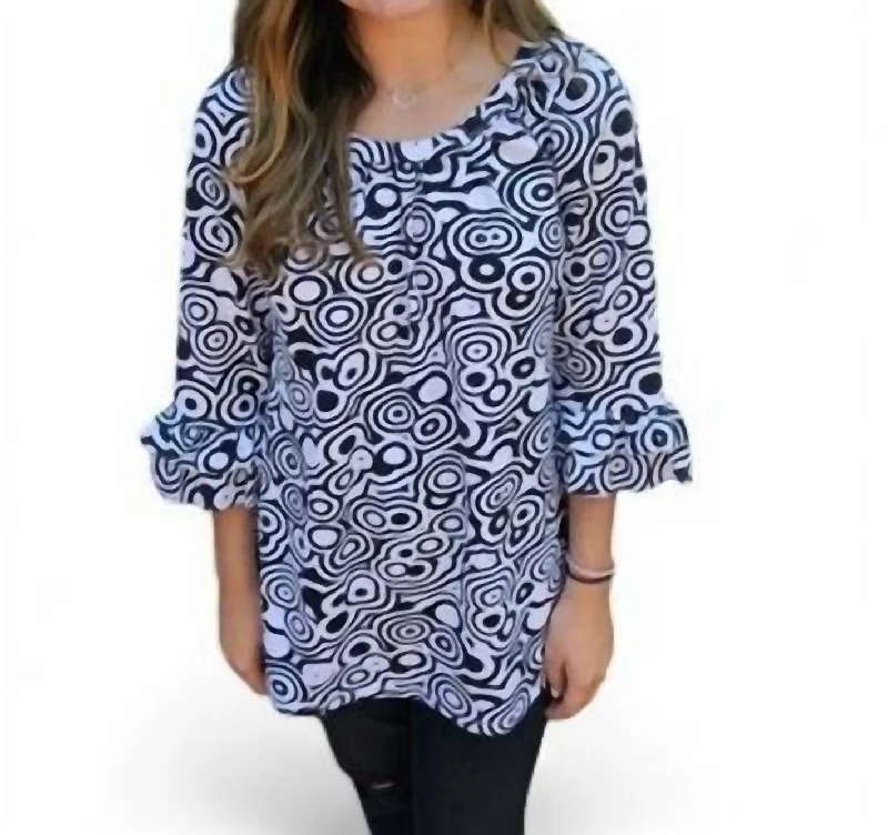 Circle Print Tunic With Ruffle Trim On Sleeve In Black/white Limited Stock