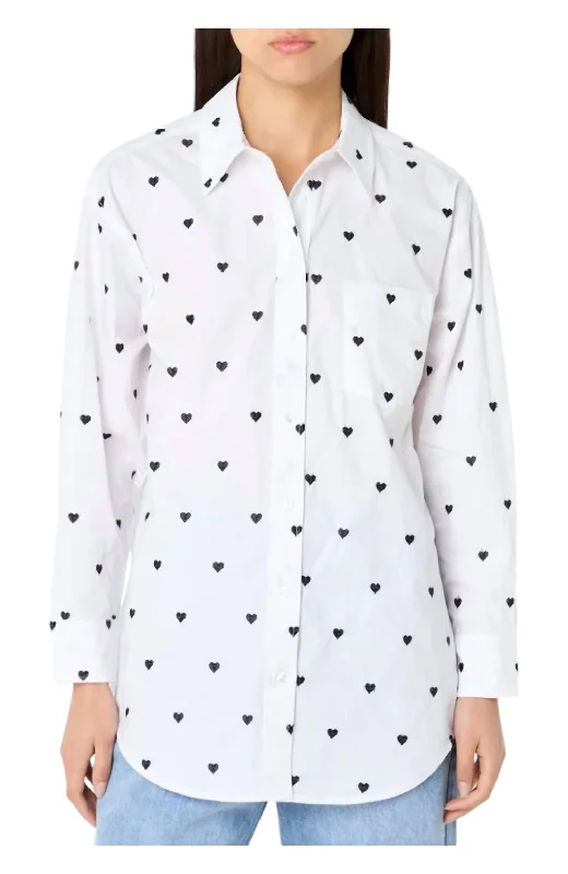 Classic Button Up Shirt In White With Black Hearts Inspired By You, Designed For You