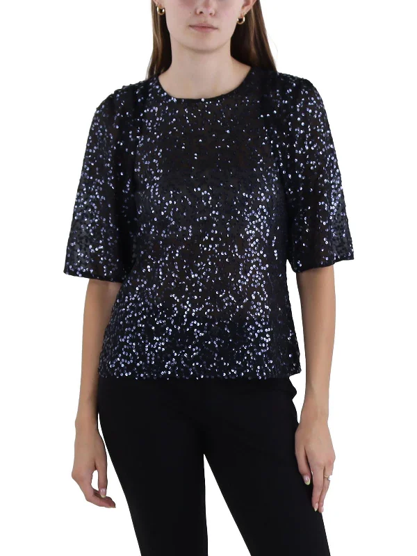 Cleo Womens Sequined Ruched Blouse Luxe Layering