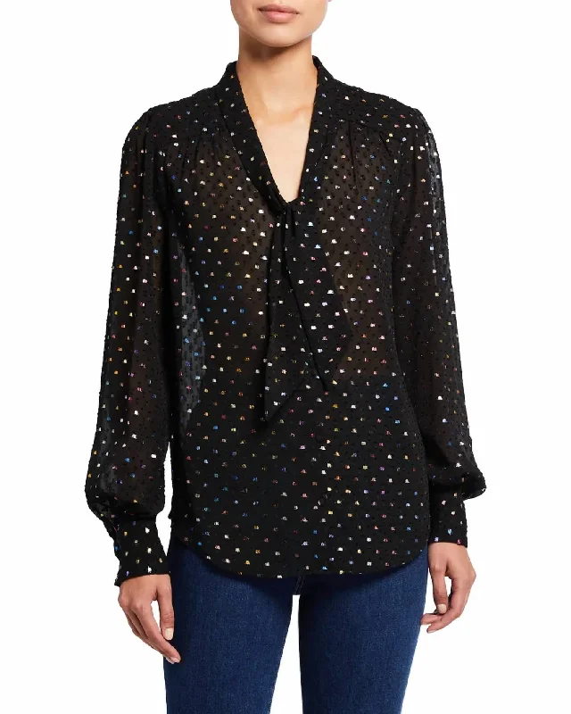 Cleobelle Long Sleeve Tie Neck Blouse In Black Metallic Multi Trendy Aesthetics