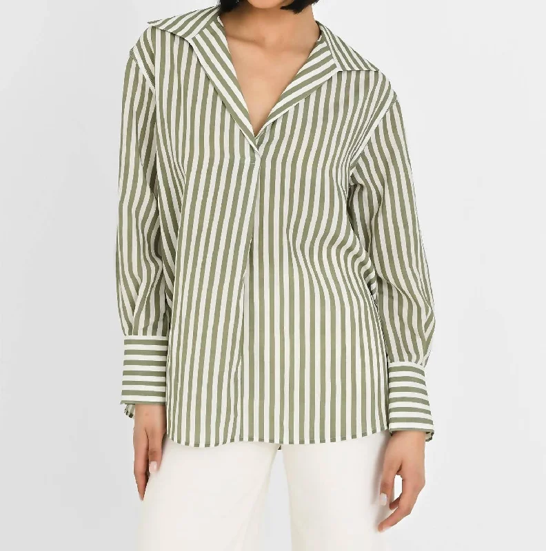 Coastal Stripe Shaped Collar Shirt In Sea Fern/optic Fashion Forward