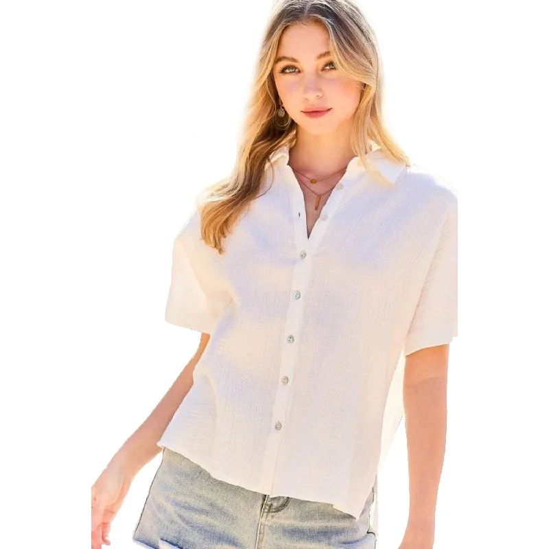 Collar Neck Button Down Sides Slit Oversized Solid Shirt Top Vintage Style Clothing Sale