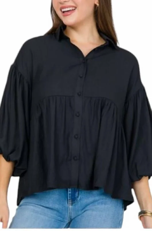 Collared Balloon Sleeve Button Down Shirt In Black Odd Size Clearance Sale