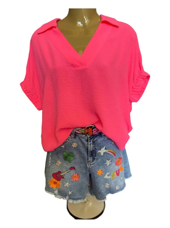 Collared Popover Top In Neon Pink Summer Fashion