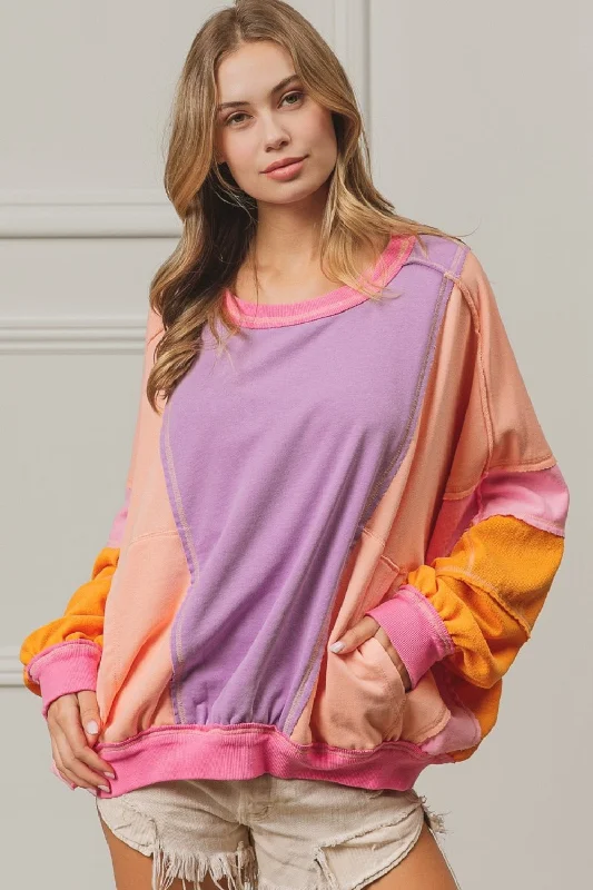 Color Block Exposed Seam Sweatshirt with Pockets Buy More, Save More