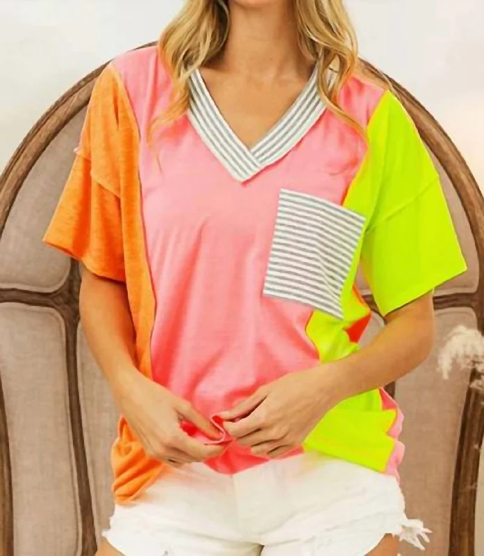 Color Block V-Neck Top In Coral/pink/n.yell Weekend Special