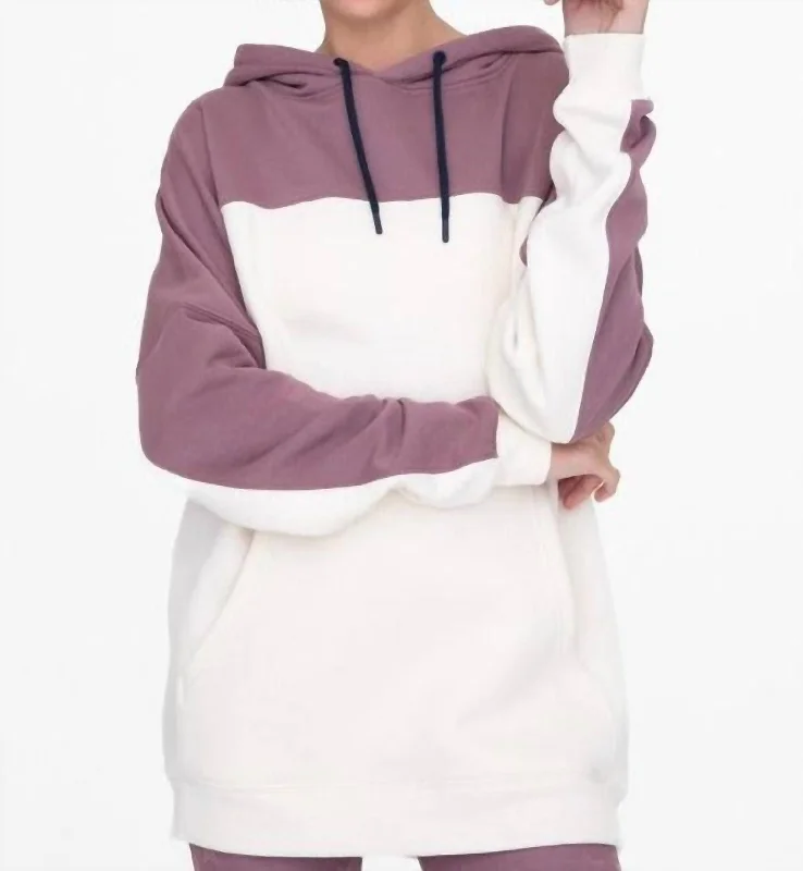 Color Blocked Hoodie Pullover With Pockets In Dark Mauve Feminine Charm