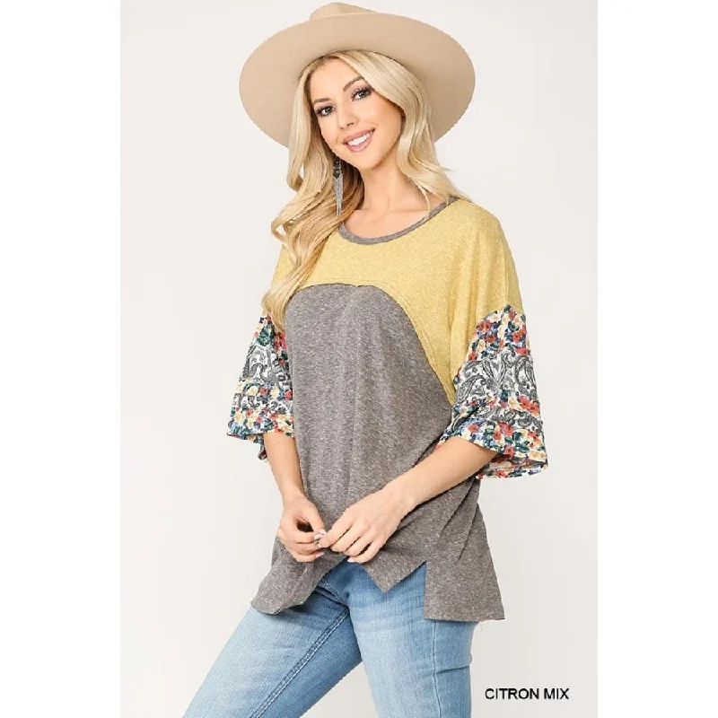 Colorblock Knit And Floral Print Mixed Top With Dolman Sleeve Pastel Styles