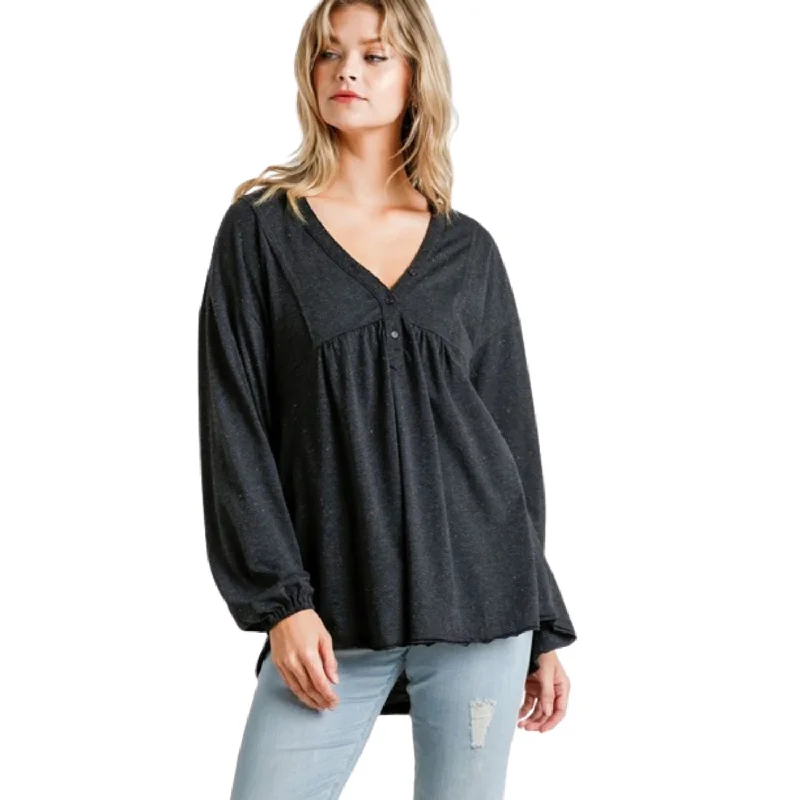 Confetti Detailed Long Puff Sleeve Babydoll Top With Button Front And Raw Hem Trending Items