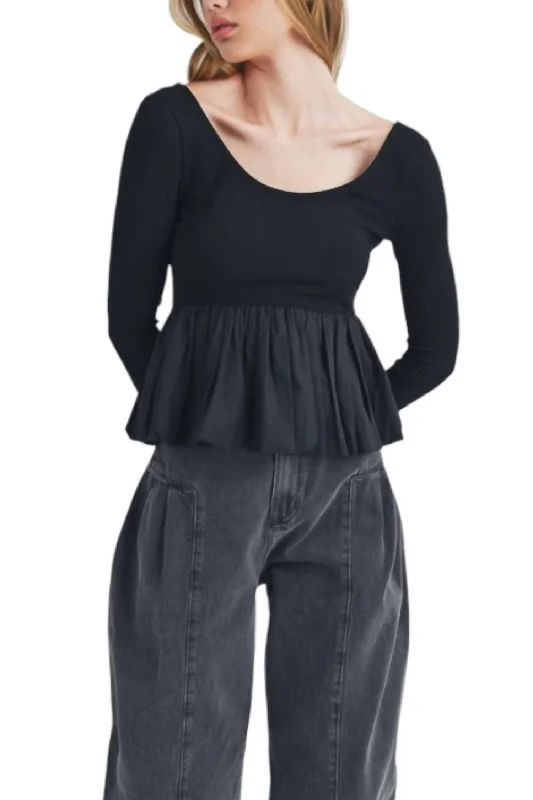 Contrast Bubble Hem Ribbed Top In Black Best Seller