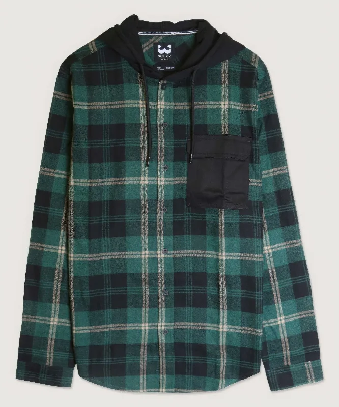 Contrast Pocket Plaid Hooded Shirt Luxe Layering