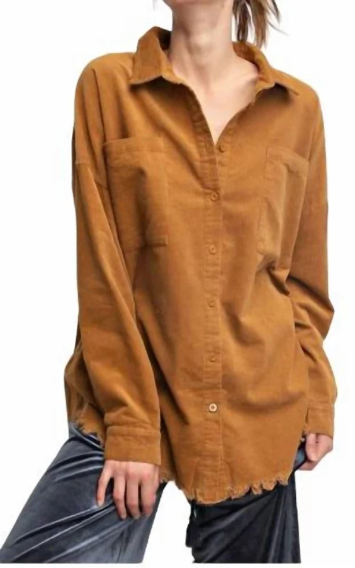 Corduroy Button Down Shirt In Camel Dreamy Draping