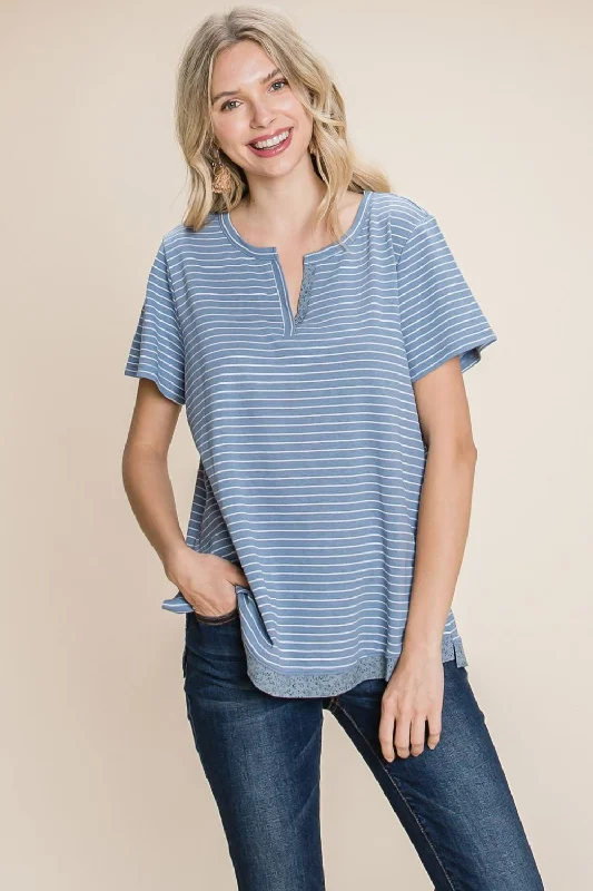 Cotton Bleu by Nu Lab Slit Striped Notched Short Sleeve T-Shirt Vintage Inspired Fashion Sale