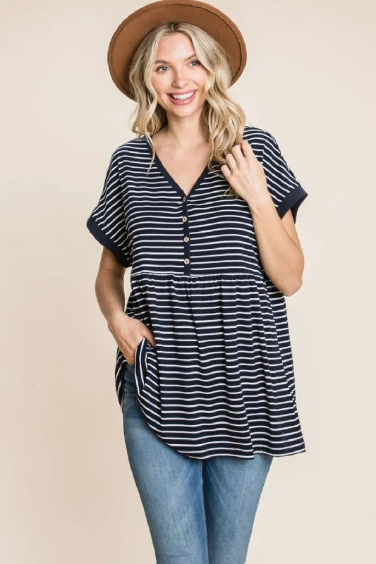 Cotton Bleu by Nu Label Striped Button Front Baby Doll Top Chic Urban Fashion Look