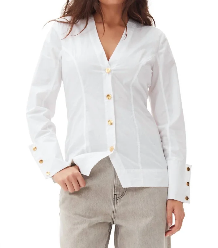 Cotton Poplin V-Neck Shirt In Bright White Fashion Forward