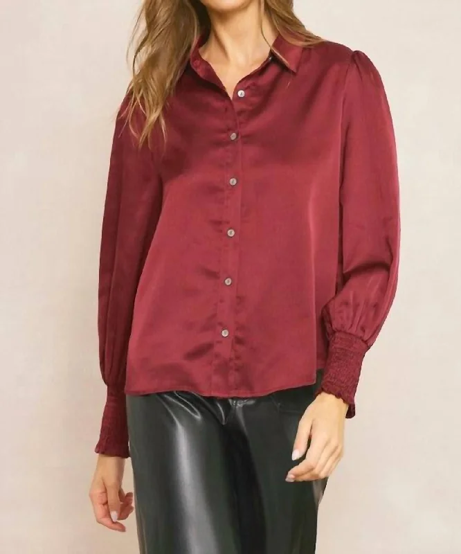 Courtney Satin Button Down Blouse In Wine Daily Essentials