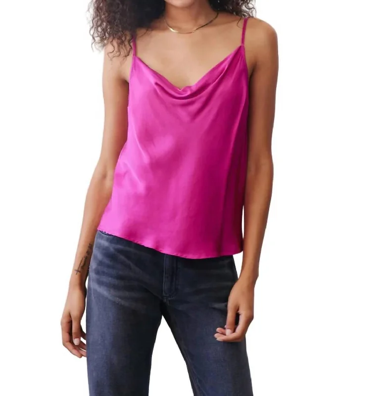 Cowl Neck Cami Top In Rich Magenta Art Deco Geometric Pattern Look