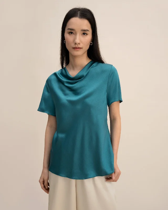 Cowl Neck Short Sleeves Silk Shirt for Women Essentials On Sale