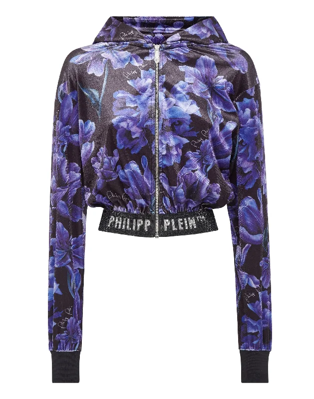 Cropped Hoodie Sweatjacket Flowers Flash Sale