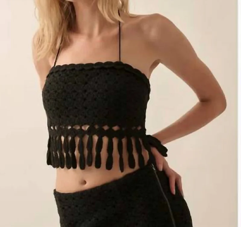 Crotchet Knit Fringe Tube Halter Top In Black Imeless Style