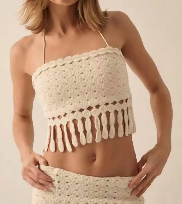 Crotchet Knit Fringe Tube Halter Top In Off White Flash Sale