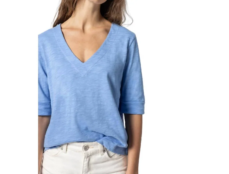 Cuffed Elbow Sleeve V Neck Tee In Harbor Pastel Styles