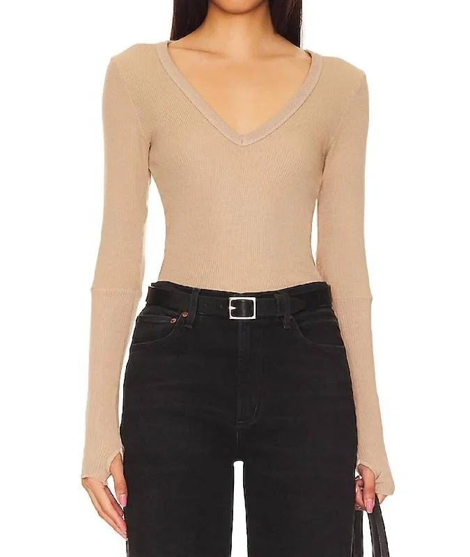 Cuffed Long Sleeve V-Neck Top In Clay Dreamy Draping