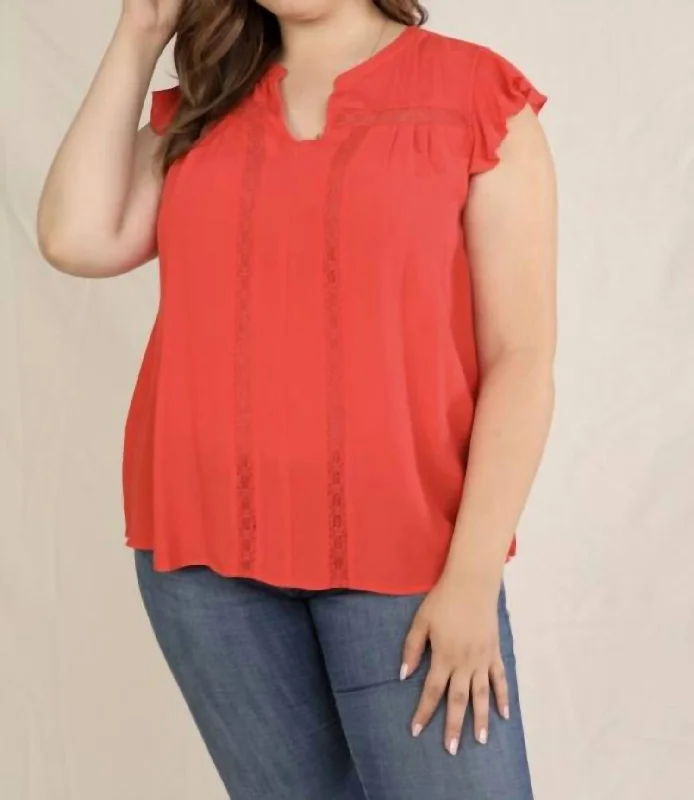 Curvy Ruffle Top Coral In Red Flash Sale