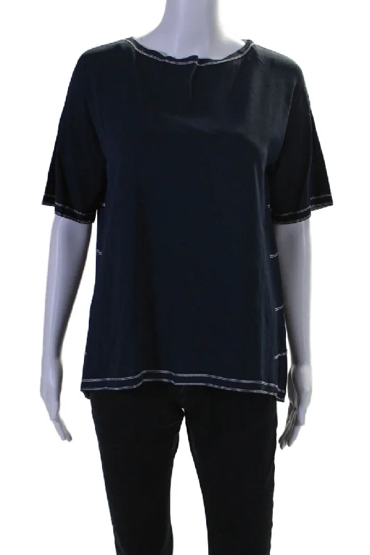 D. Exterior Womens Short Sleeve Scoop Neck Metallic Striped Trim Top Navy Medium Seasonal Trends