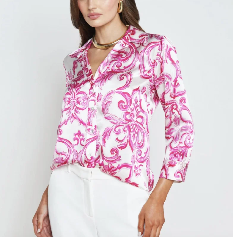 Dani Blouse In White/pink Mediterranean Tile Graceful Cut