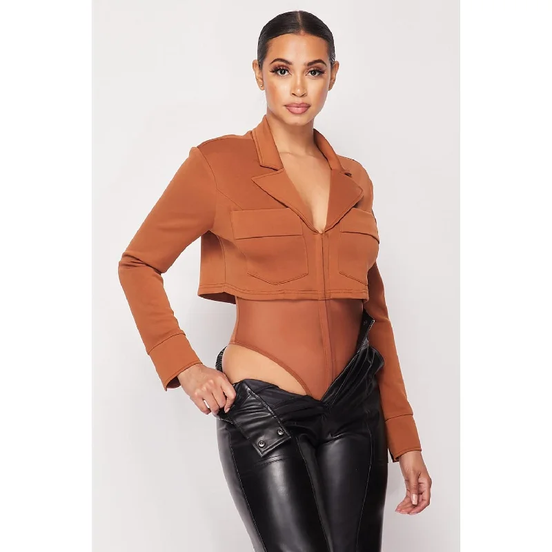 Deep-v Cropped Power Shoulder Blazer Bodysuit Feminine Elegant