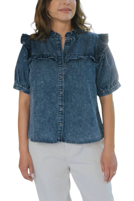 Denim Short Sleeve Shirt Ruffle Detail In Blue Great Deals On Ethnic Cultural Wear