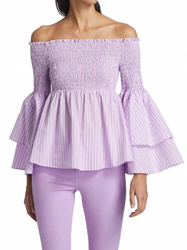 Denver Off-Shoulder Blouse In Lavender/white Stripe Budget Friendly