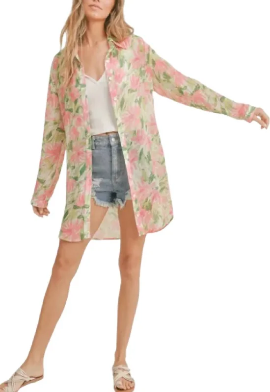 Desert Tropics Button Down Shirt In Pink Multi Score Big On Glamorous Red - Carpet Styles