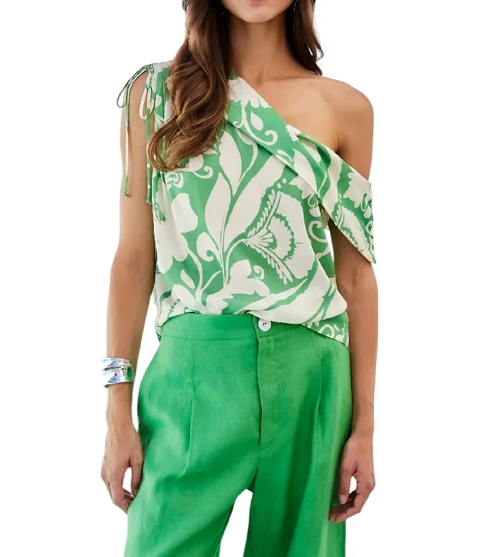 Devin Top In Green Leaf Print Bold Silhouette