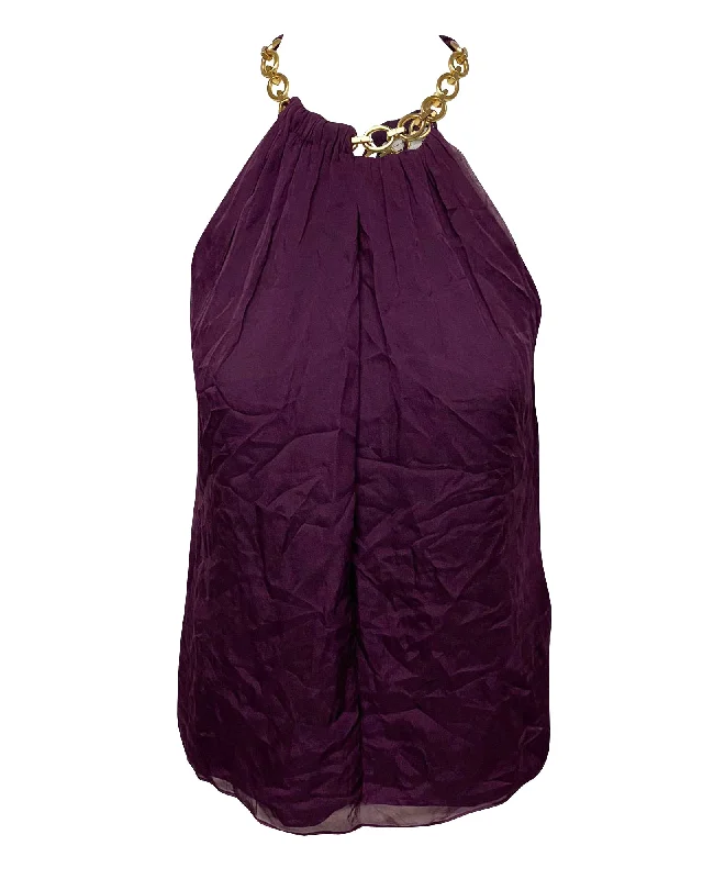 Diane von Furstenberg Chain-Neck Halter Top in Purple Silk Premium Style