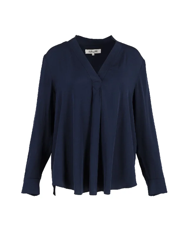 Diane Von Furstenberg Sanorah Pleated Blouse in Navy Blue Silk Graceful Drape