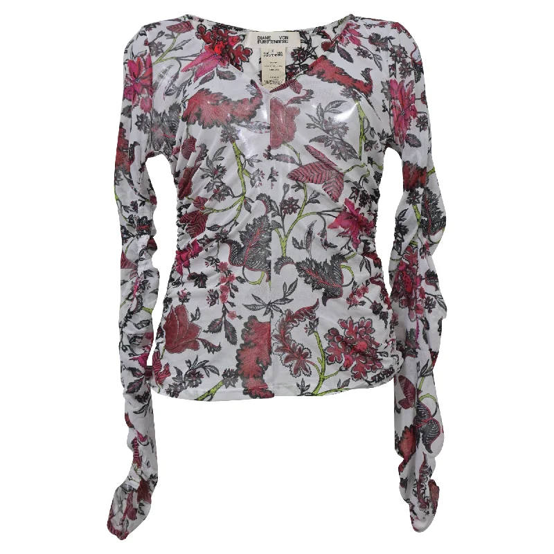 Diane Von Furstenberg Sheer Leaf Print Top in White Nylon Trend Alert