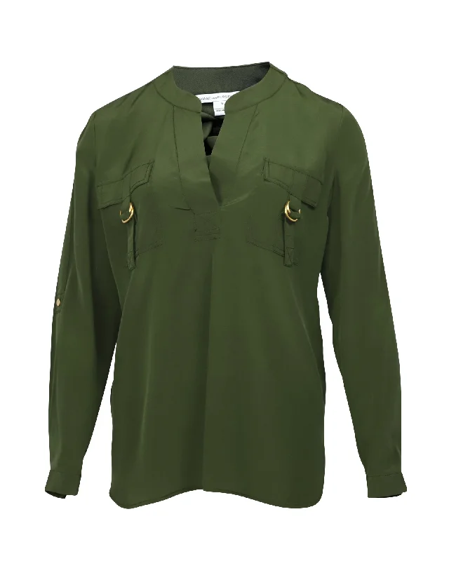 Diane Von Furstenberg Two Pocket Tunic Blouse in Green Silk Minimalist Office - Ready Style