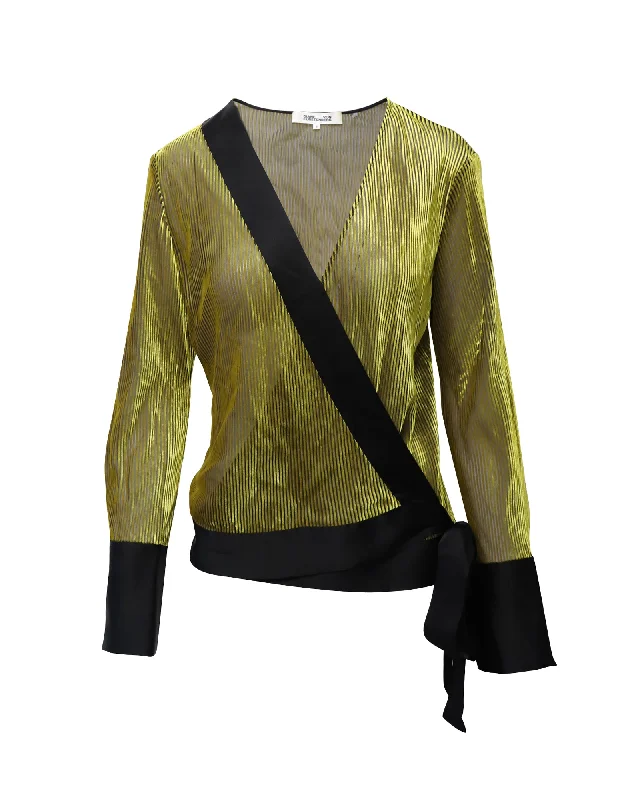 Diane Von Furstenberg Wrap Blouse in Gold and Black Viscose Bold Fashion