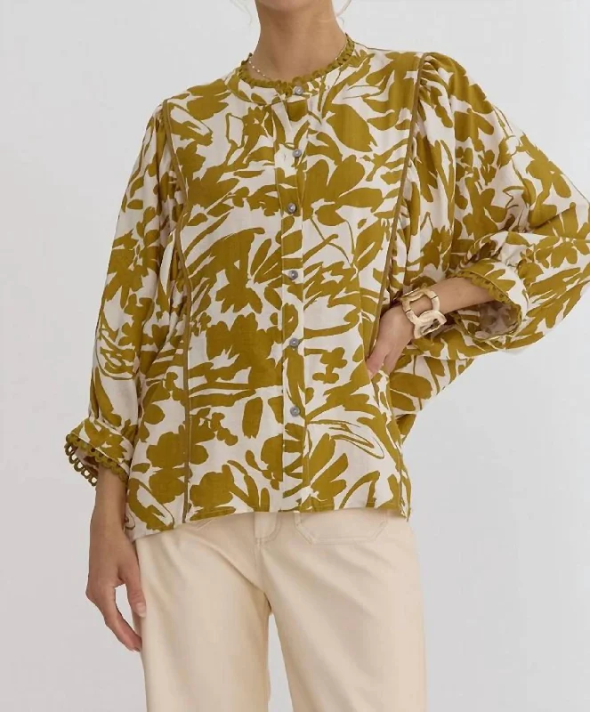 Dijon Printed Blouse In Olive Coastal Beach - Inspired Style