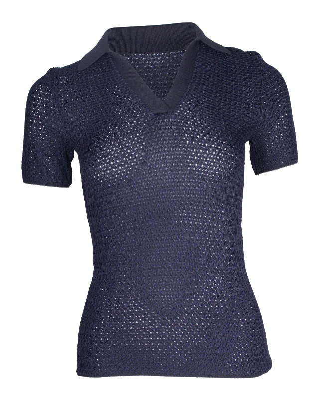 Dion Lee Basket-Weave Polo Shirt in Navy Blue Viscose Sophisticated Outfits