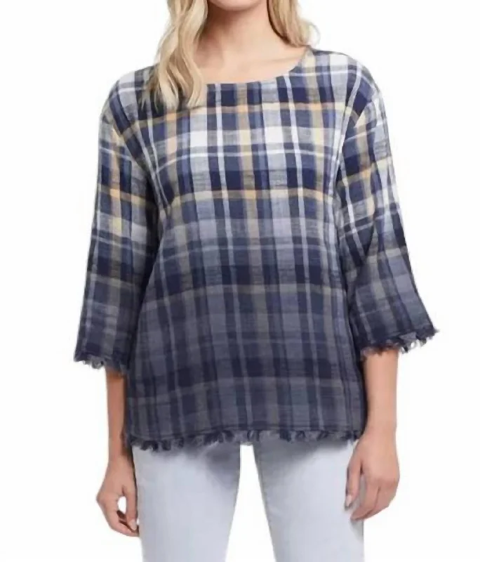 Dip Dye Bell Sleeve Top In Plaid Print Vibrant Styles