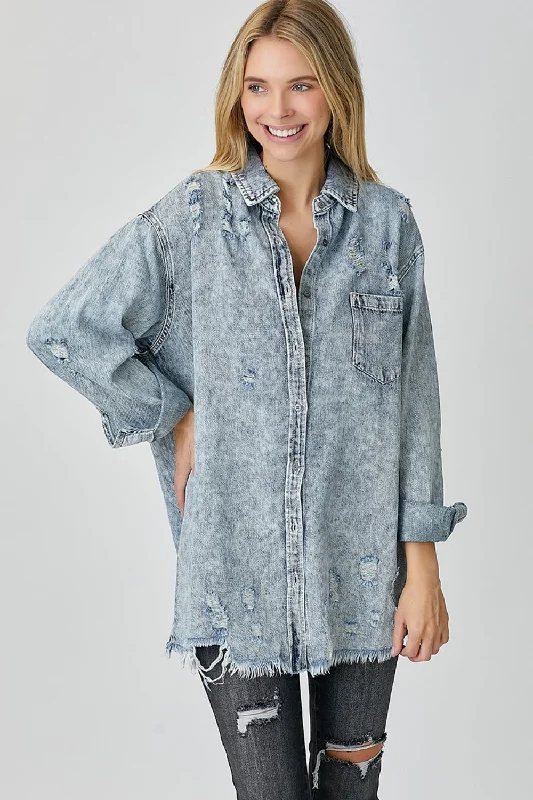 Distressed Raw Hem Denim Shirt Seasonal Trends