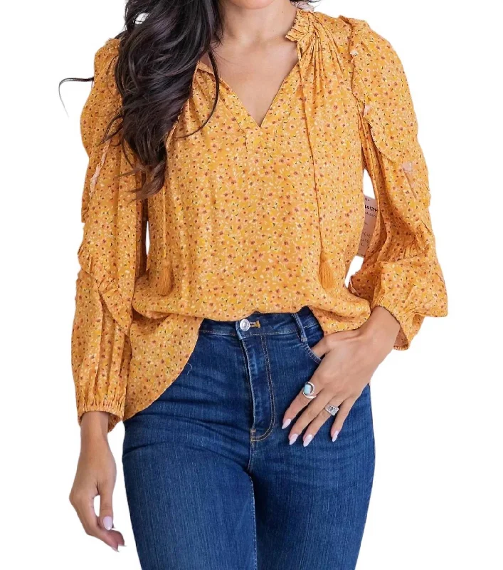 Ditzy Floral Ruffle Blouse In Mustard Designer Wear On Sale