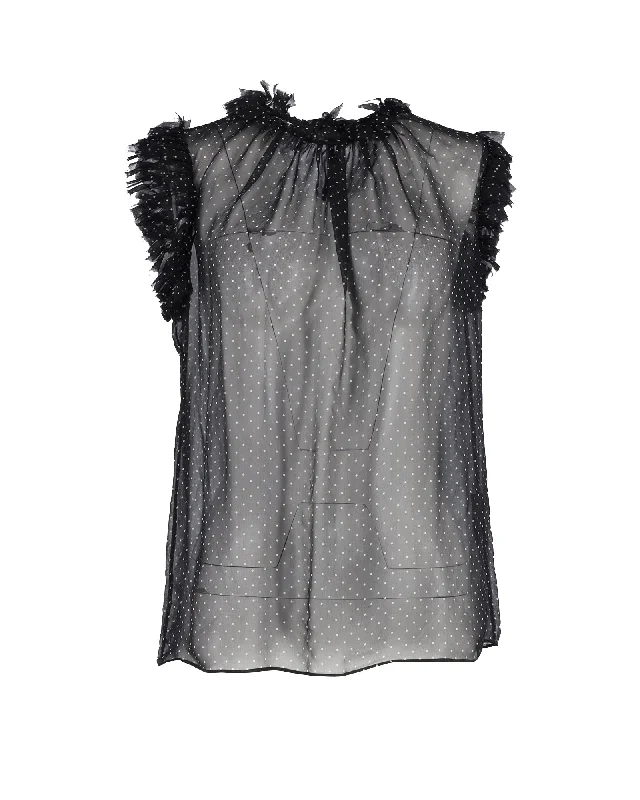 Dolce & Gabbana Polka Dot Ruffled Sheer Top in Black Silk Essentials On Sale