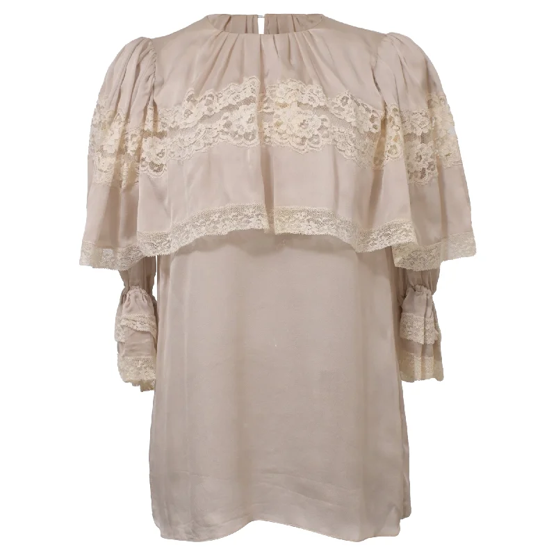 Dolce & Gabbana Ruffle Lace Top Blouse in Beige Silk Comfortable Clothes