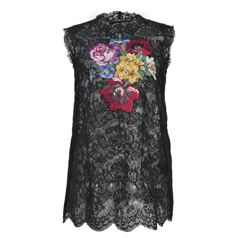 Dolce & Gabbana Sleeveless Lace Blouse with Floral Embroidery in Black Cotton Season Sale