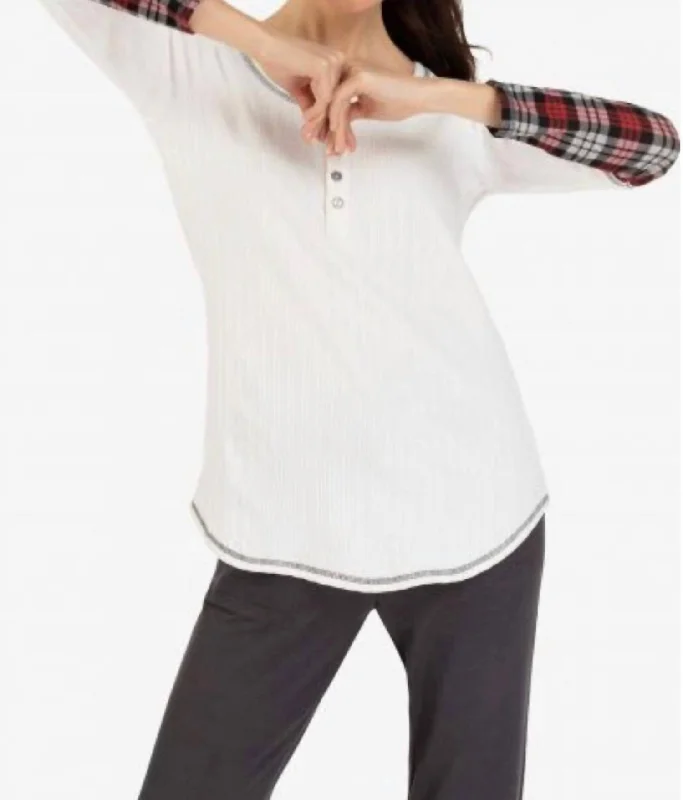 Dolly Plaid Cuff Henley Top In Cream Today Only